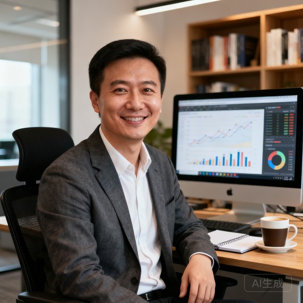 球吧网创始人林锋，数据分析师背景，面带微笑在办公室
